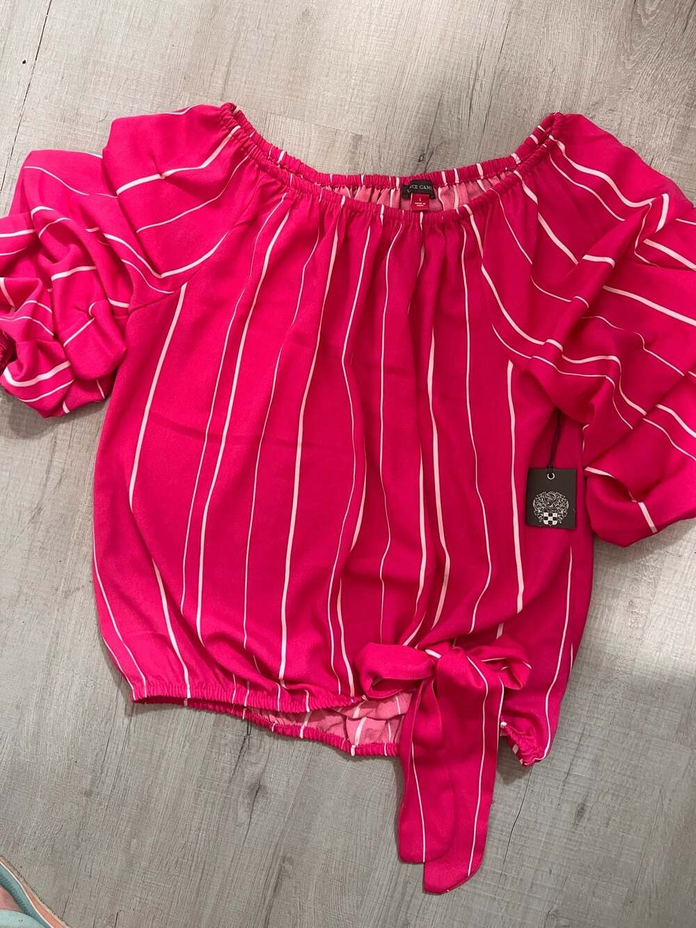 Vince Camuto Women's Striped Off The Shoulder Bubble Sleeve Tie Front Blouse